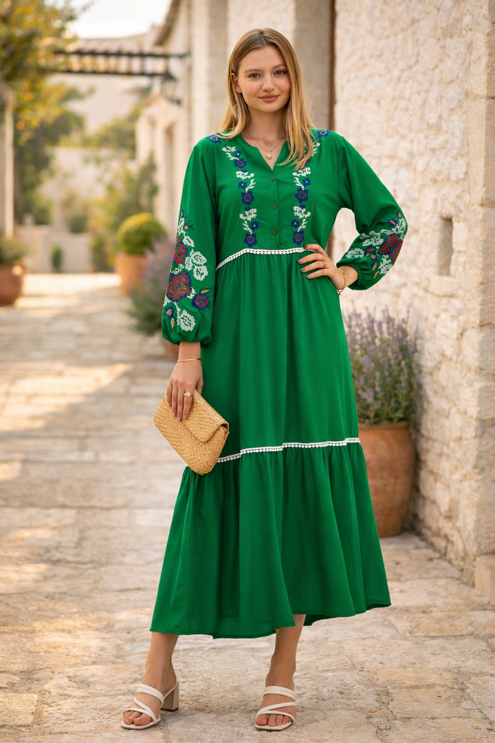 Embroidered Midi Dress with Contrast Floral Detail in Green