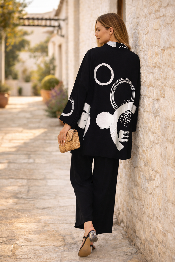 Abstract Print Kimono Co-Ord Set – White