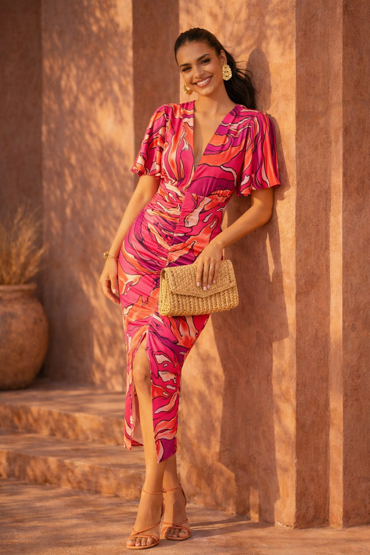 Sophia Angel Sleeve Midi Dress in Fuchsia Dream