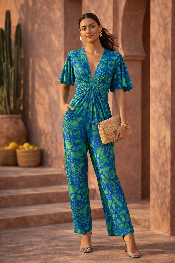 Tropical Green Angel Sleeve Maxi Jumpsuit with Twist Detail