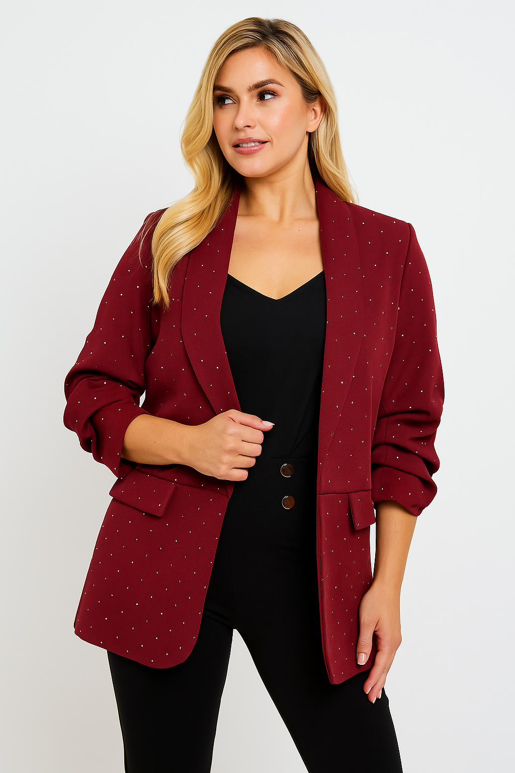 Diamante Hotfix Sparkle Rouched sleeve blazer