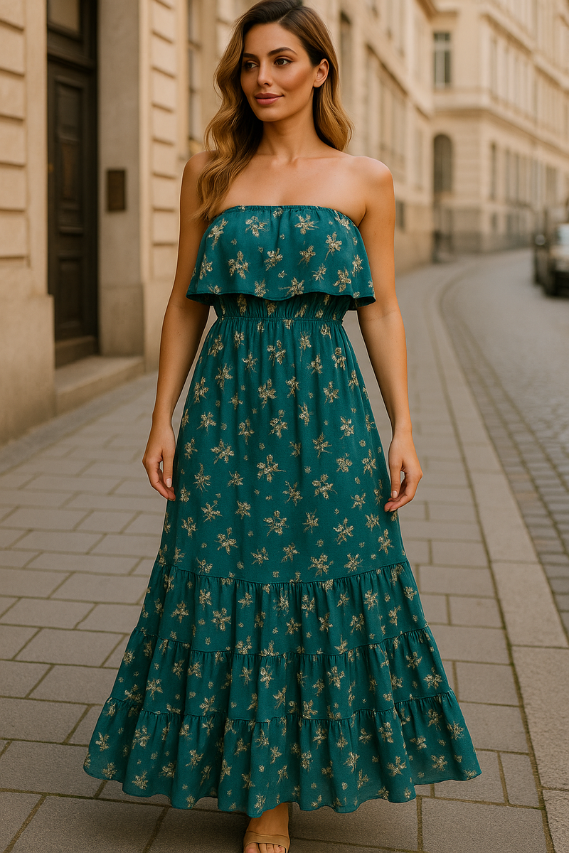 Floral Print Cotton Bandeu Dress - jqwholesale.com