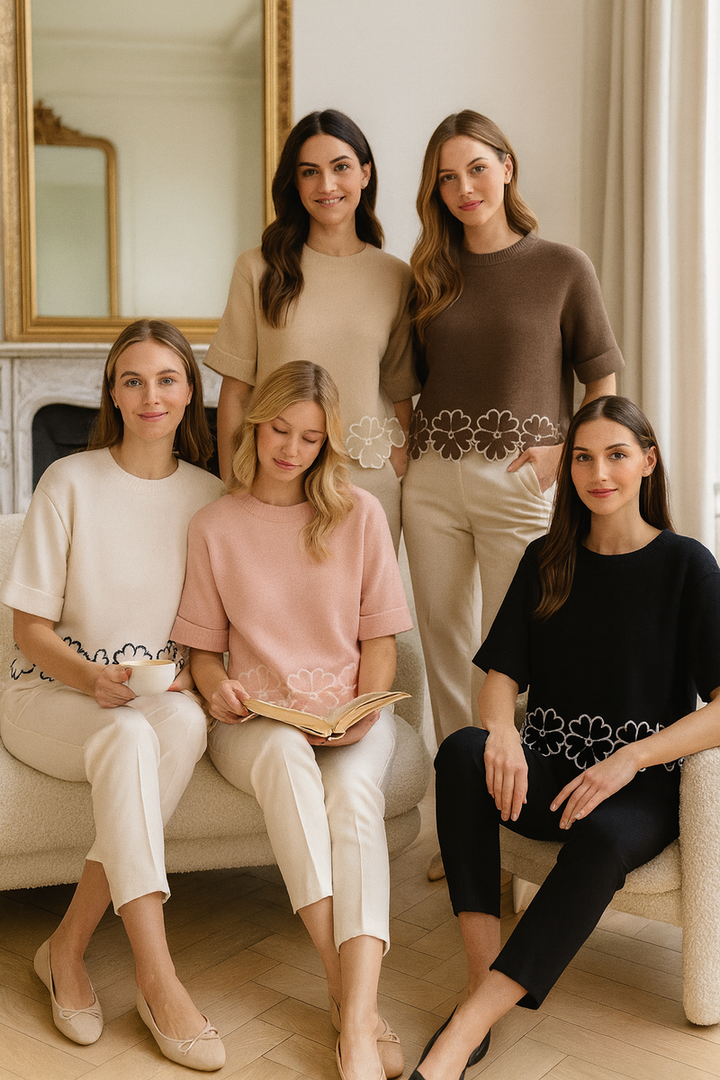 Floral Trim turn up Sleeve knit Jumper (2p.pack) - jqwholesale.com