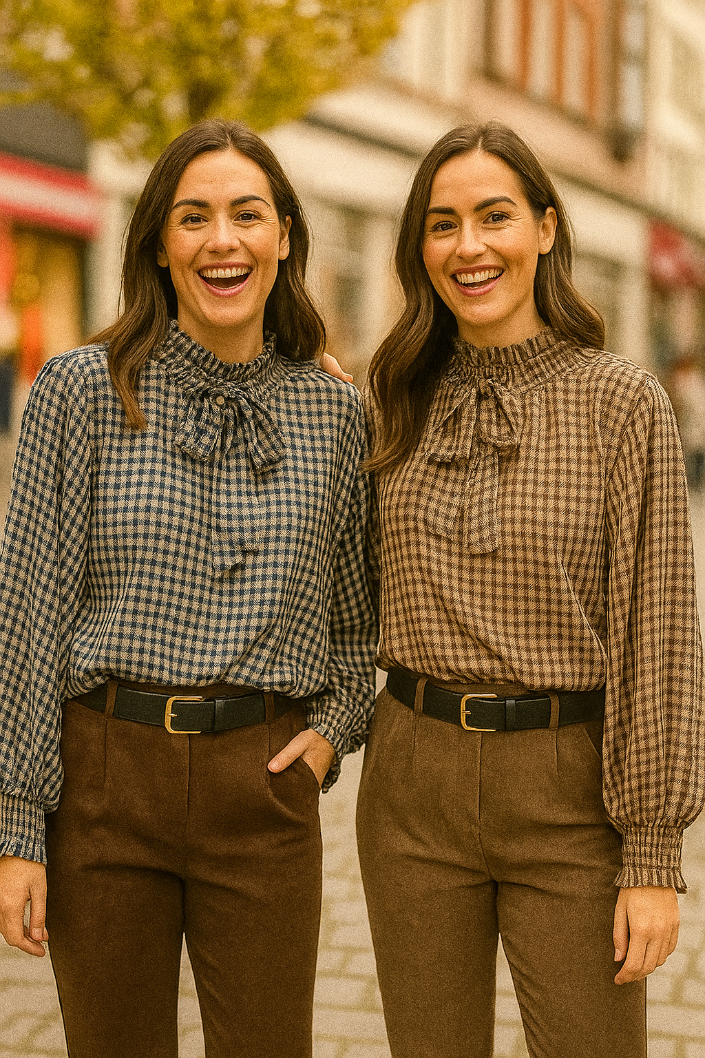 Oversized Drop sleeve BB Check Bow Tencel blouse - jqwholesale.com