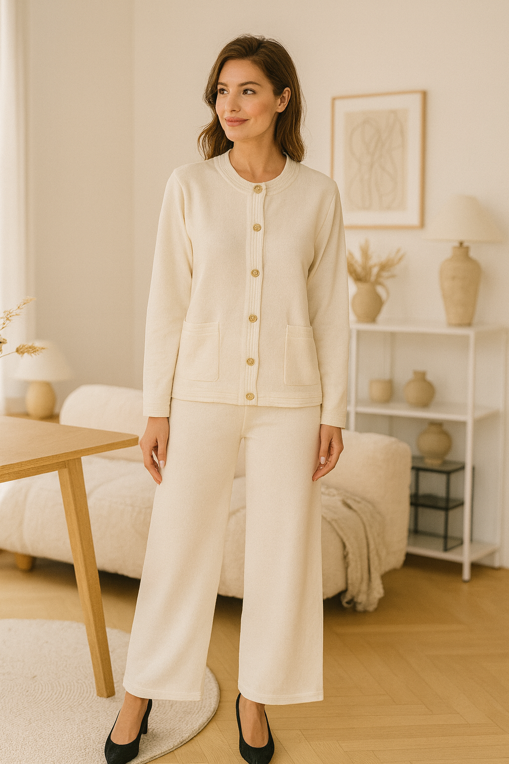 Gold Button Plain Two Piece Classic Coord Loungewear Set (2P.PACK)