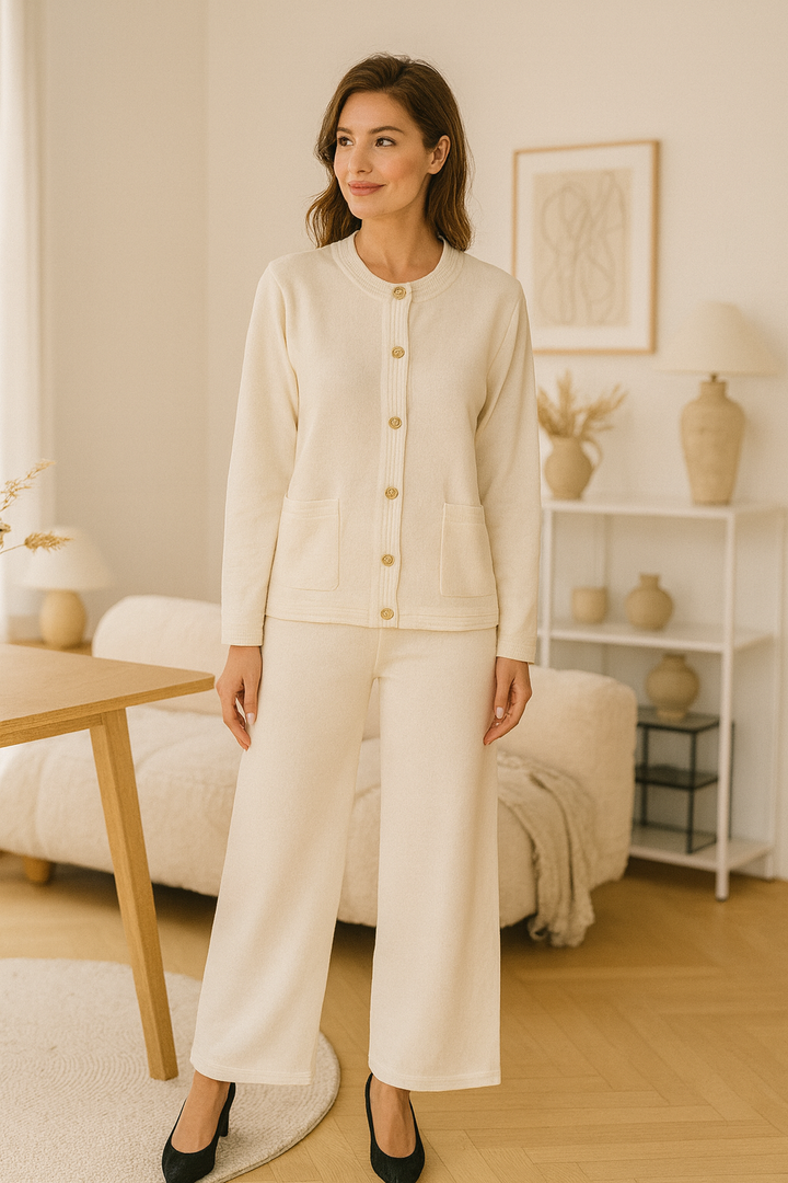 Gold Button Plain Two Piece Classic Coord Loungewear Set (2P.PACK)