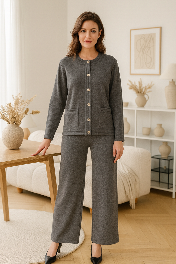 Gold Button Plain Two Piece Classic Coord Loungewear Set (2P.PACK)