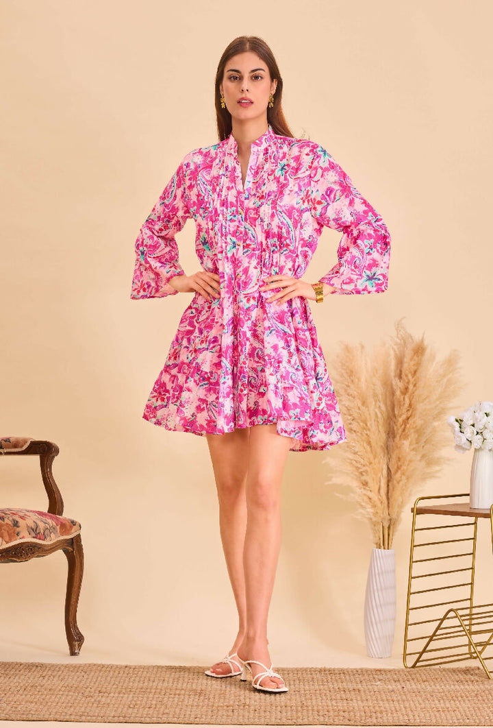Short A-line dress in printed cotton- Pink