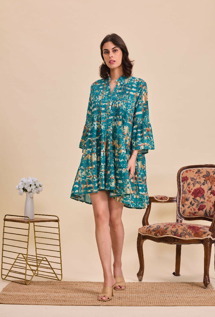 Short A-line dress in printed cotton- Green