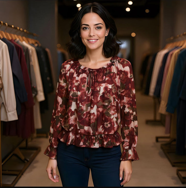 Contrast Leaf Ruffle Frill Bardot blouse - jqwholesale.com