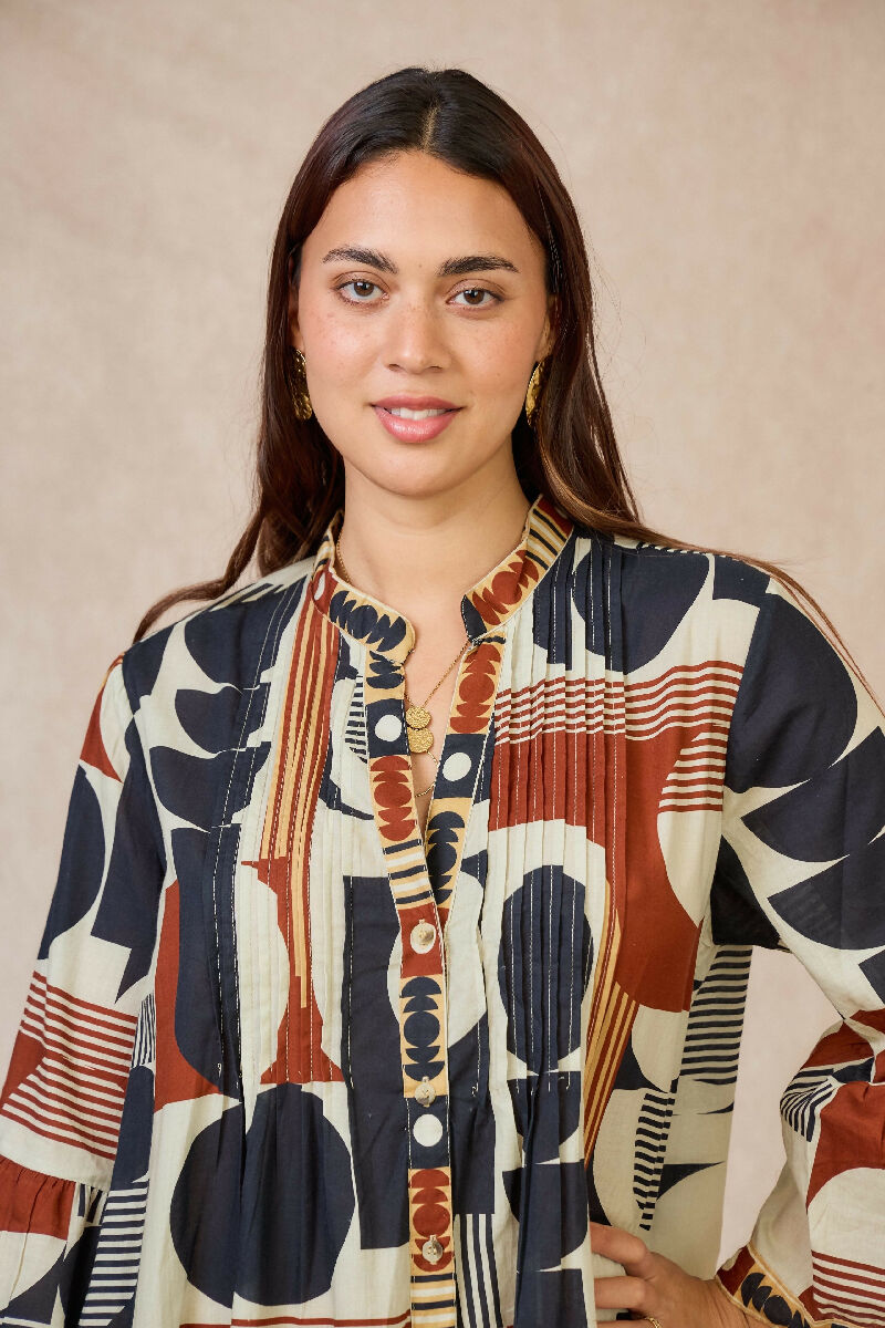 Short A-line dress in printed cotton- Navy