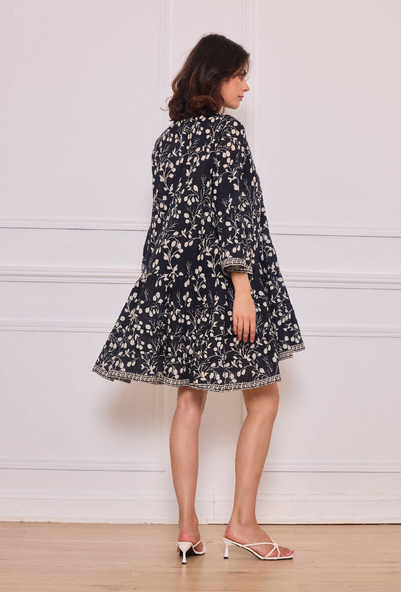 Short A-line dress in printed cotton- Black