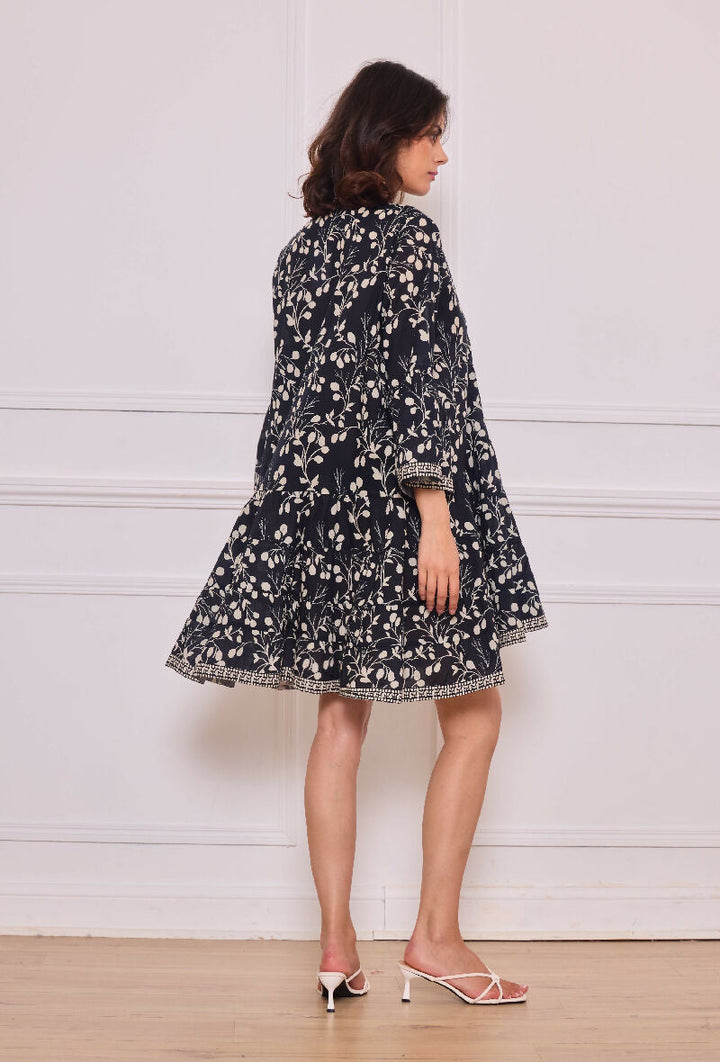 Short A-line dress in printed cotton- Black