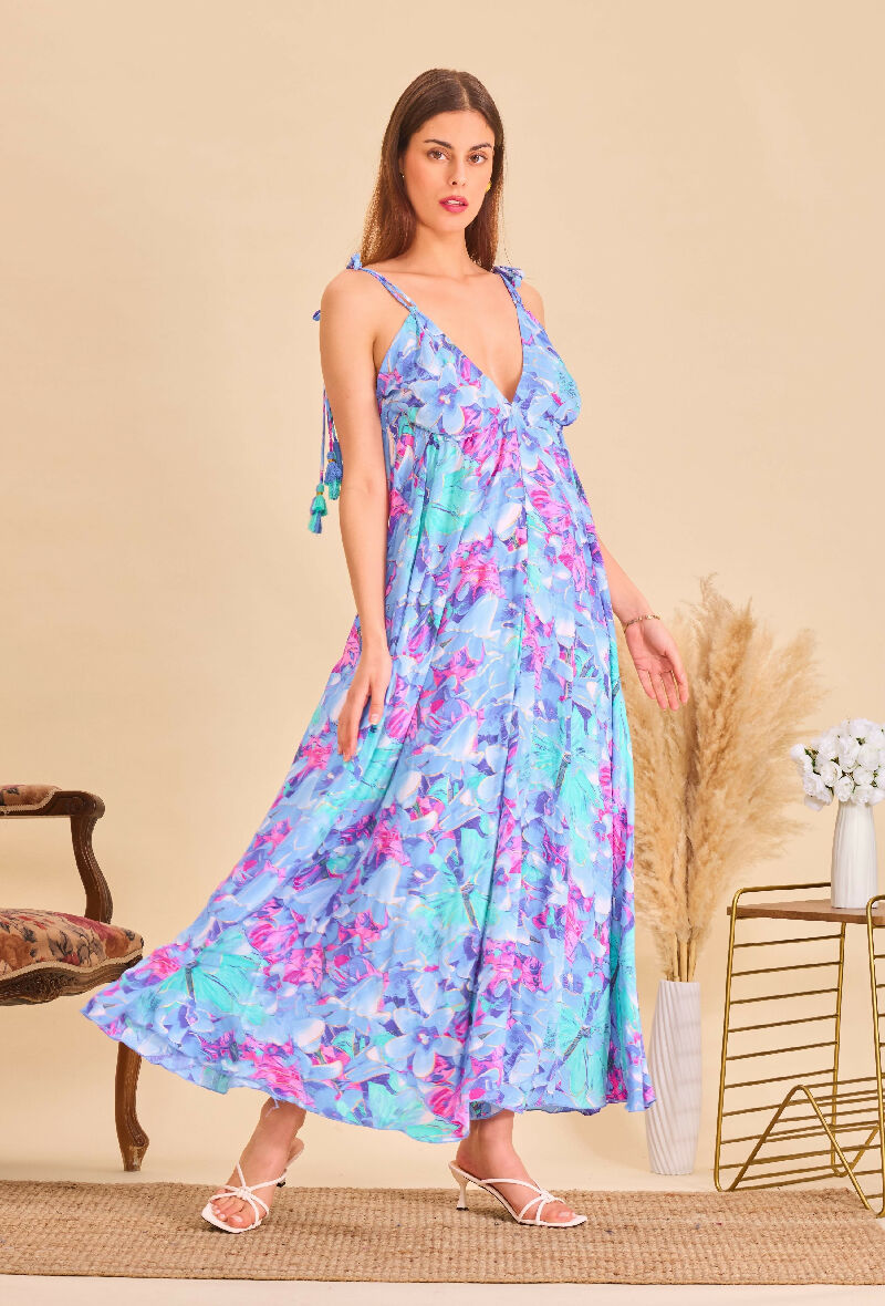 Long bohemian silk backless dress - Blue