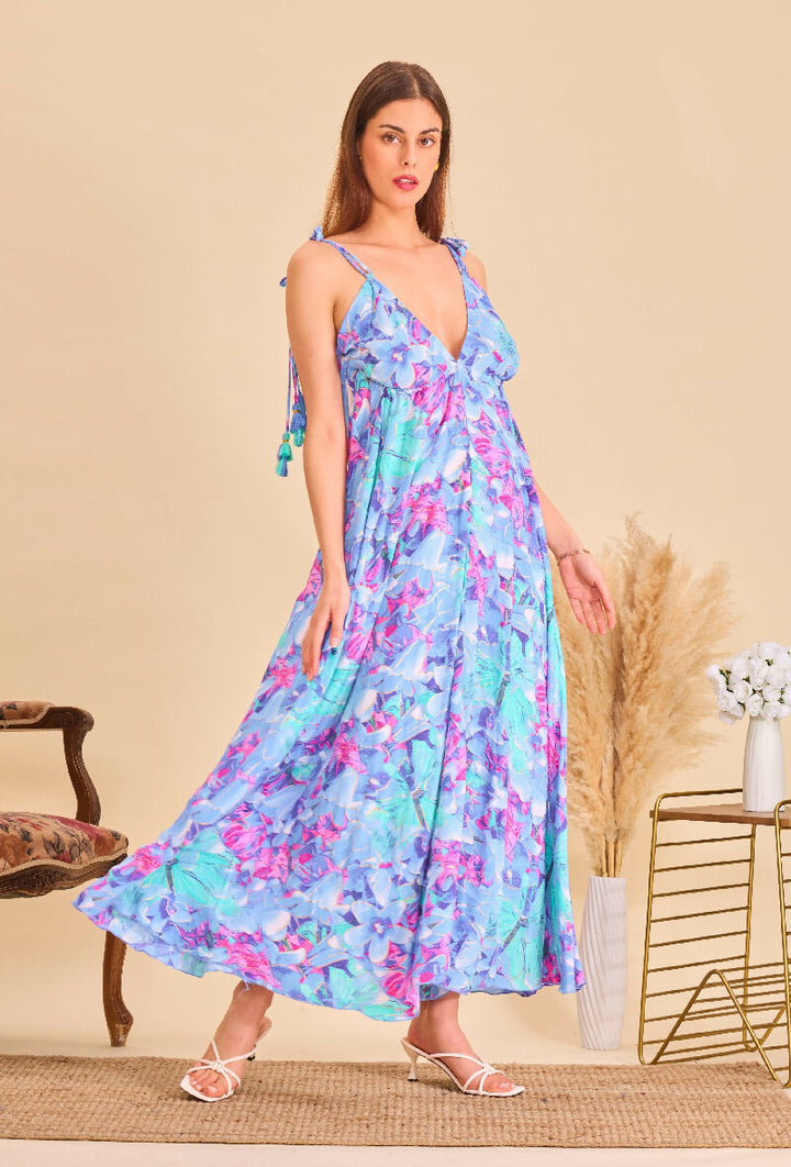 Long bohemian silk backless dress - Blue