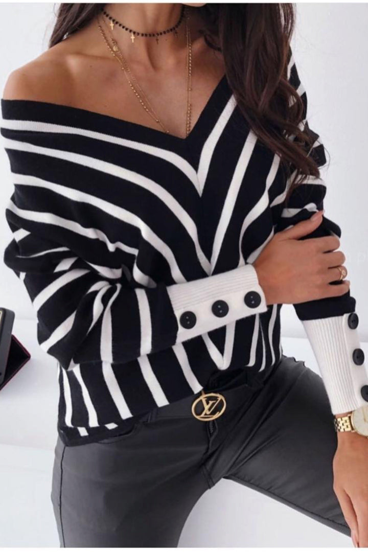 Off Shoulders Striped Knitted Sweater with Buttons in Black - jqwholesale.com
