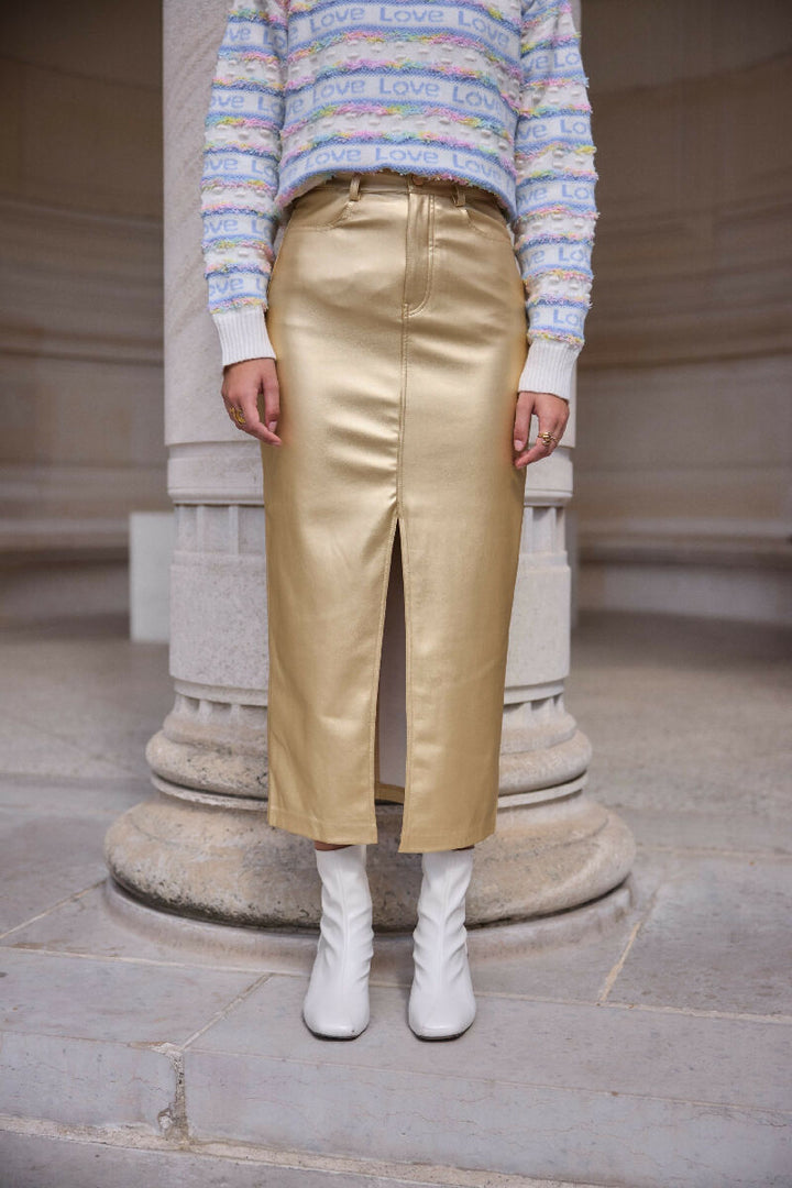 (5P.PACK) Gold faux leather pencil skirt - Gold