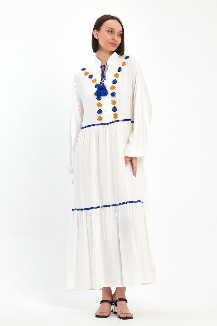 Embroidered Maxi Dress with Tassel Tie in White