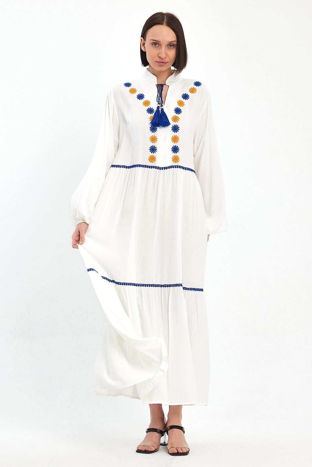 Embroidered Maxi Dress with Tassel Tie in White