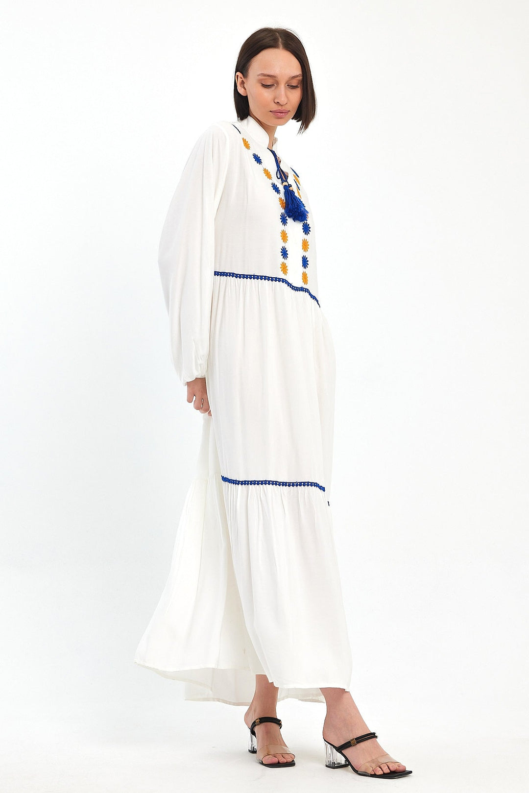 Embroidered Maxi Dress with Tassel Tie in White