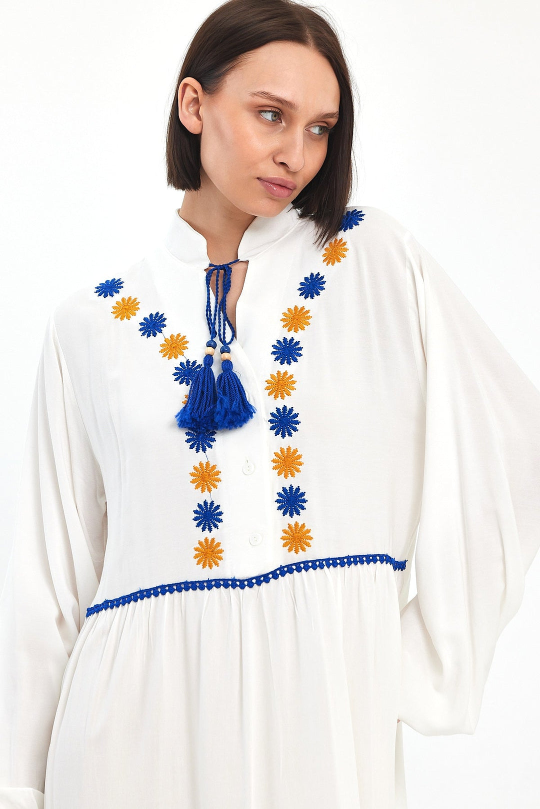 Embroidered Maxi Dress with Tassel Tie in White