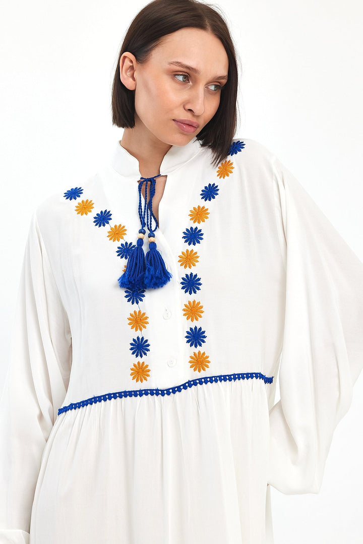 Embroidered Maxi Dress with Tassel Tie in White