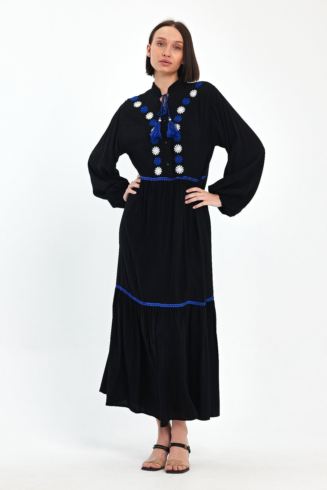 Embroidered Maxi Dress with Tassel Tie in Black