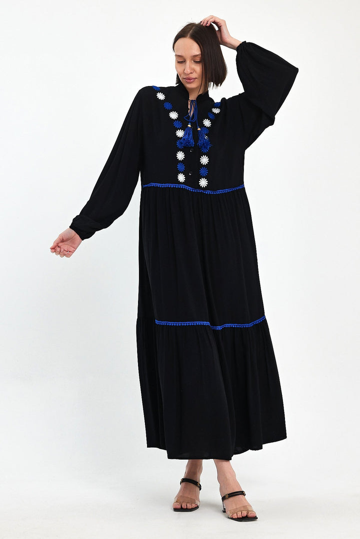 Embroidered Maxi Dress with Tassel Tie in Black