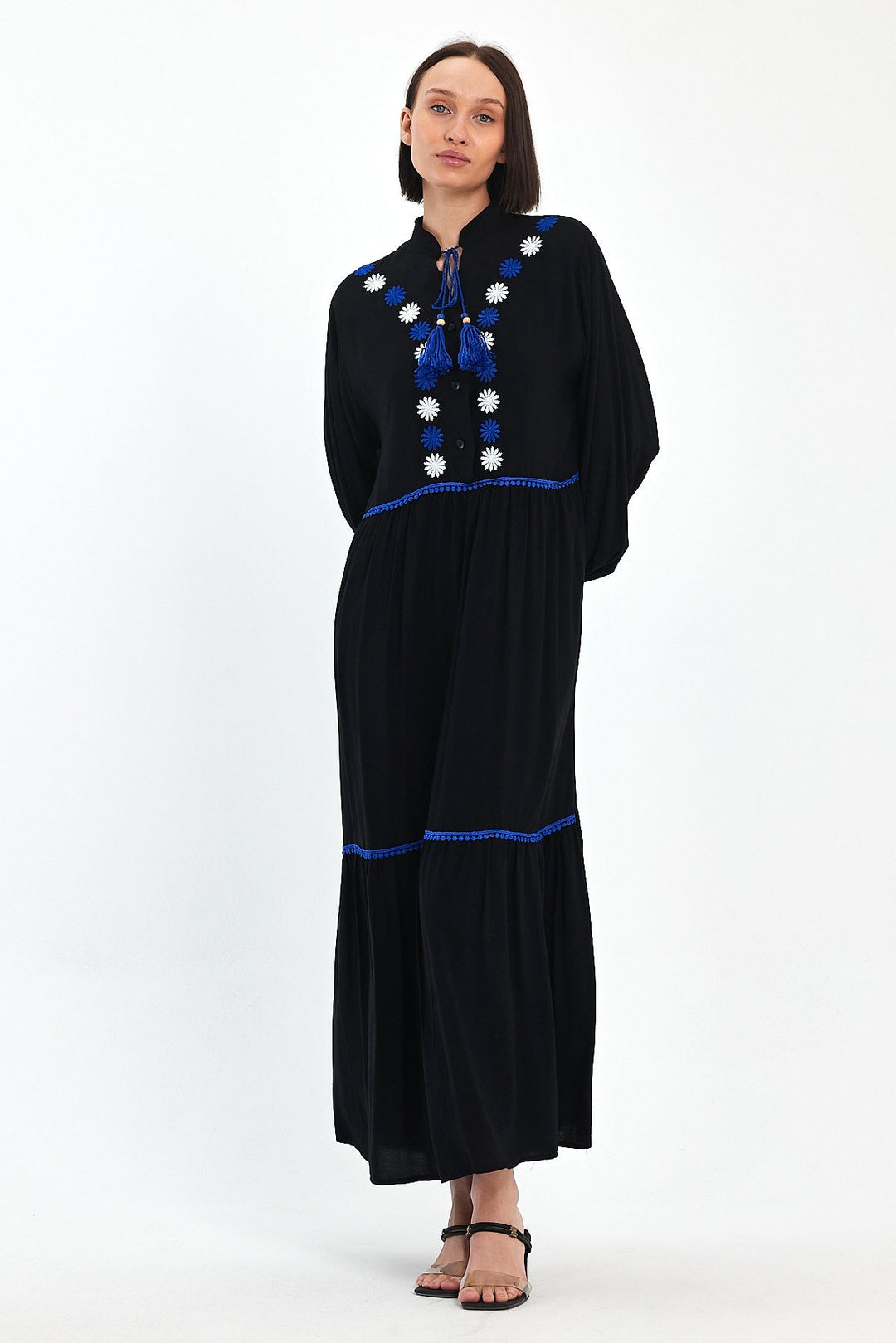 Embroidered Maxi Dress with Tassel Tie in Black