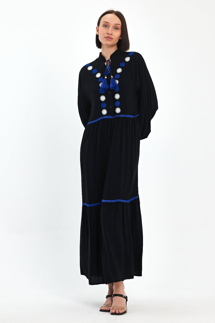 Embroidered Maxi Dress with Tassel Tie in Black