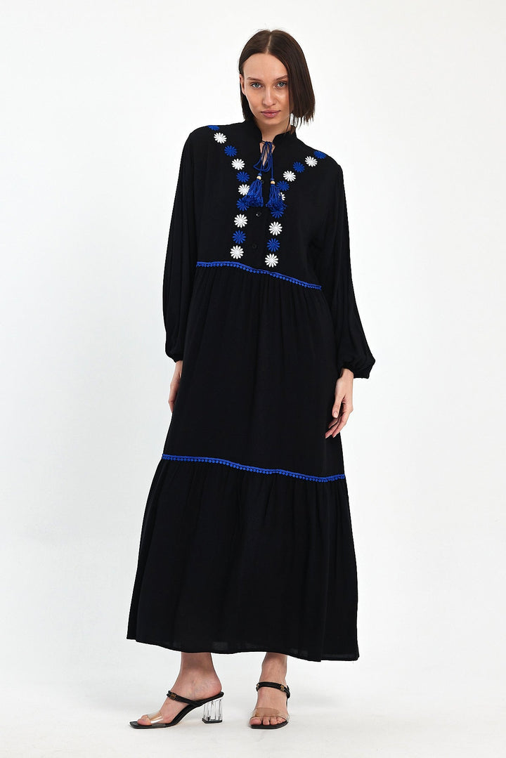 Embroidered Maxi Dress with Tassel Tie in Black