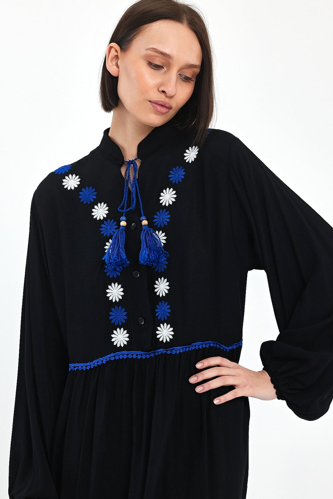 Embroidered Maxi Dress with Tassel Tie in Black