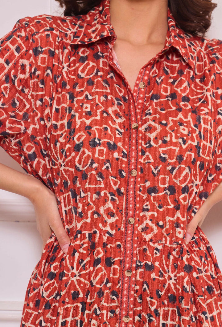 Mid-length cotton shirt dress - Red