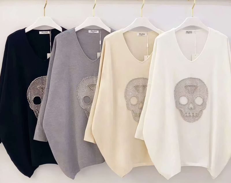 (2P. PACK) Diamante Stud Skull Wool Blend Fine Knit