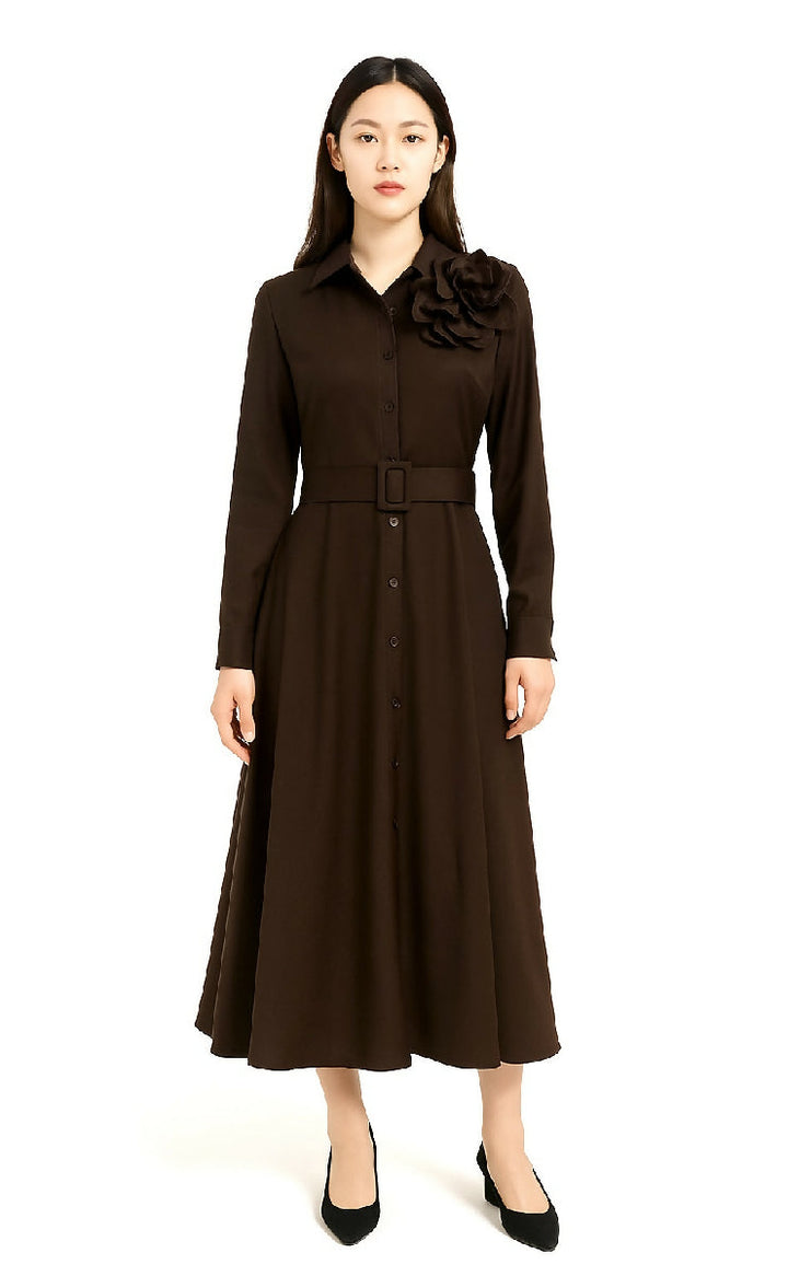 Brown Midi Shirt Dress with Flower Detail