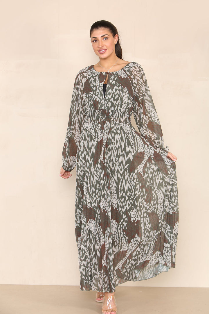 (2P. PACK) Khaki Autumn Floral Pleated Elasticated Waist Maxi Dress - jqwholesale.com