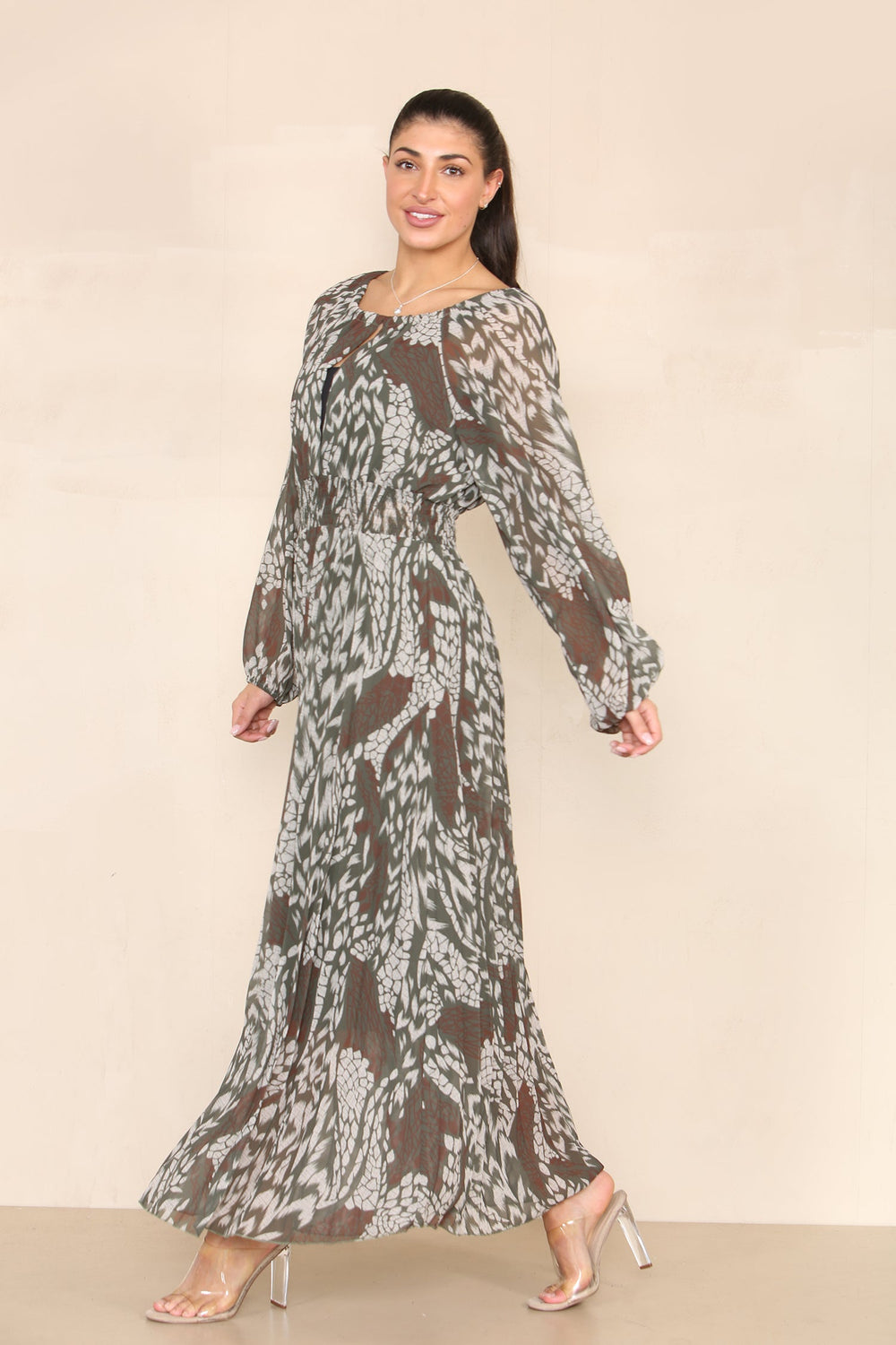 (2P. PACK) Khaki Autumn Floral Pleated Elasticated Waist Maxi Dress - jqwholesale.com