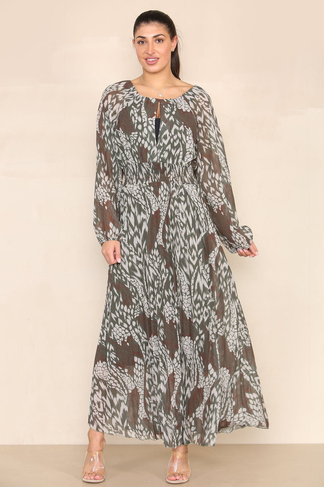 (2P. PACK) Khaki Autumn Floral Pleated Elasticated Waist Maxi Dress - jqwholesale.com