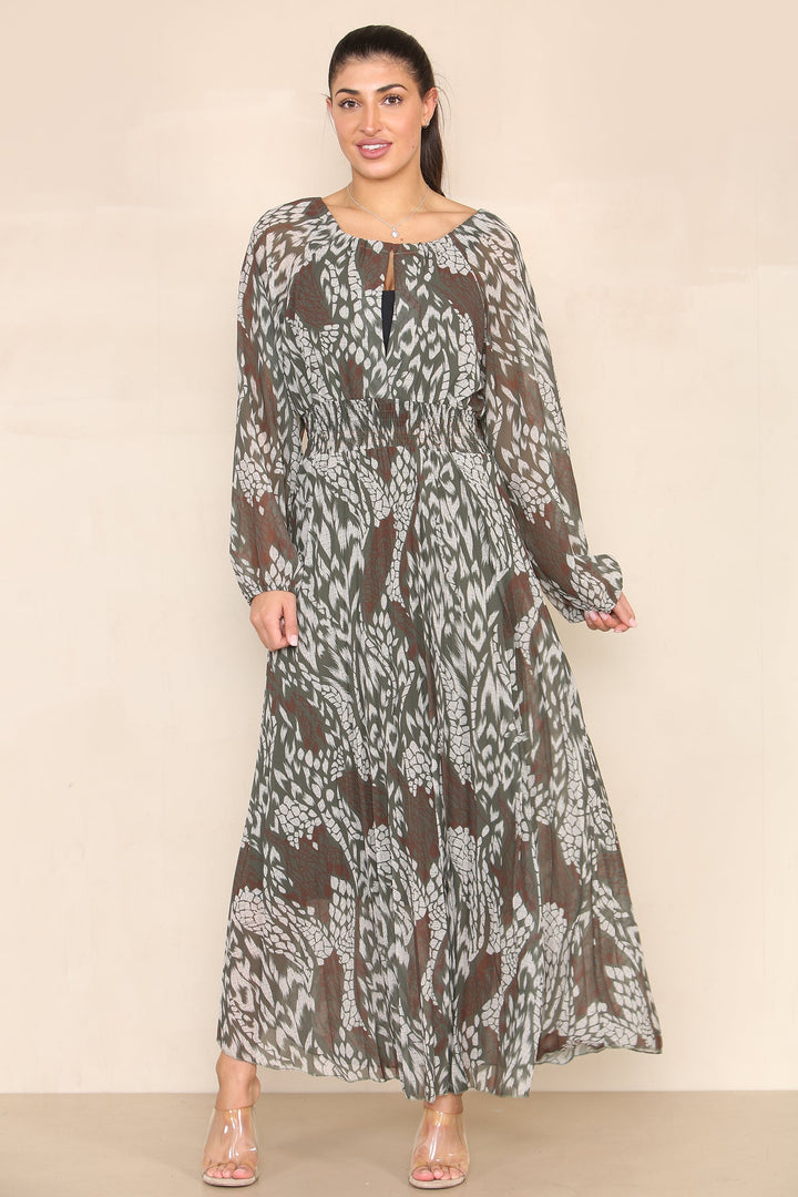 (2P. PACK) Khaki Autumn Floral Pleated Elasticated Waist Maxi Dress - jqwholesale.com