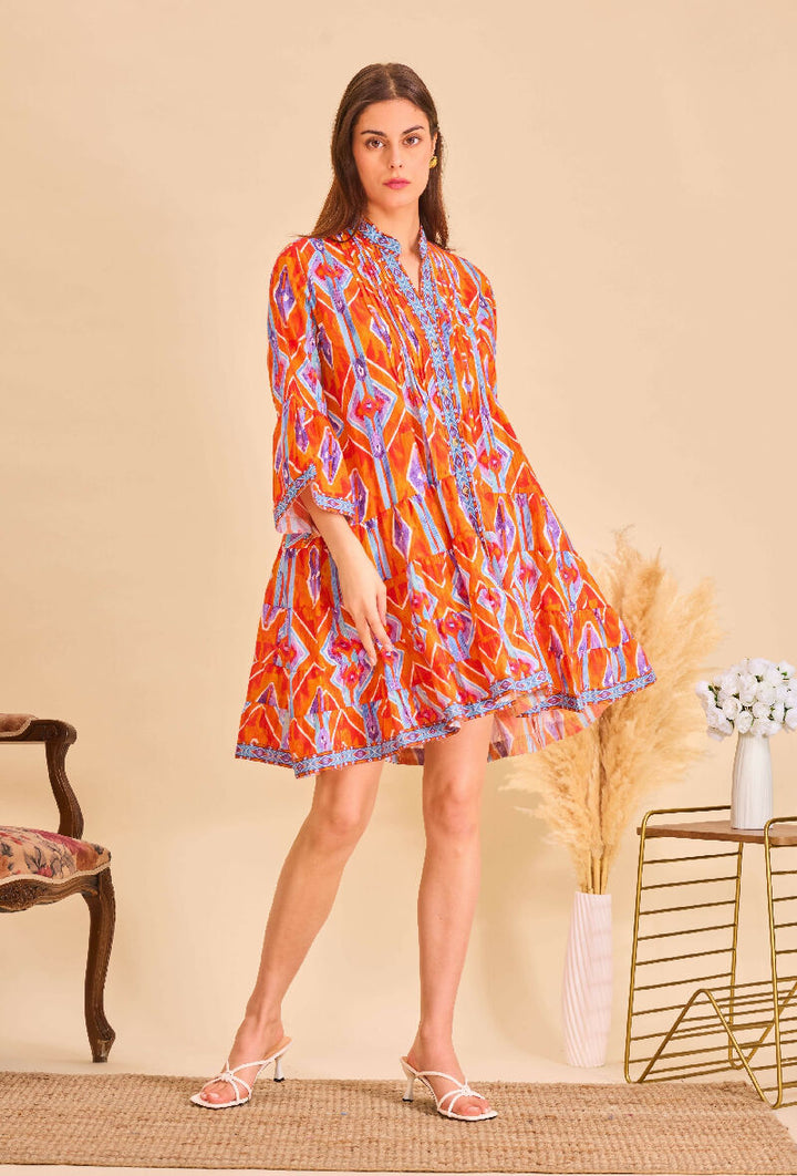 Short A-line dress in printed cotton- Orange