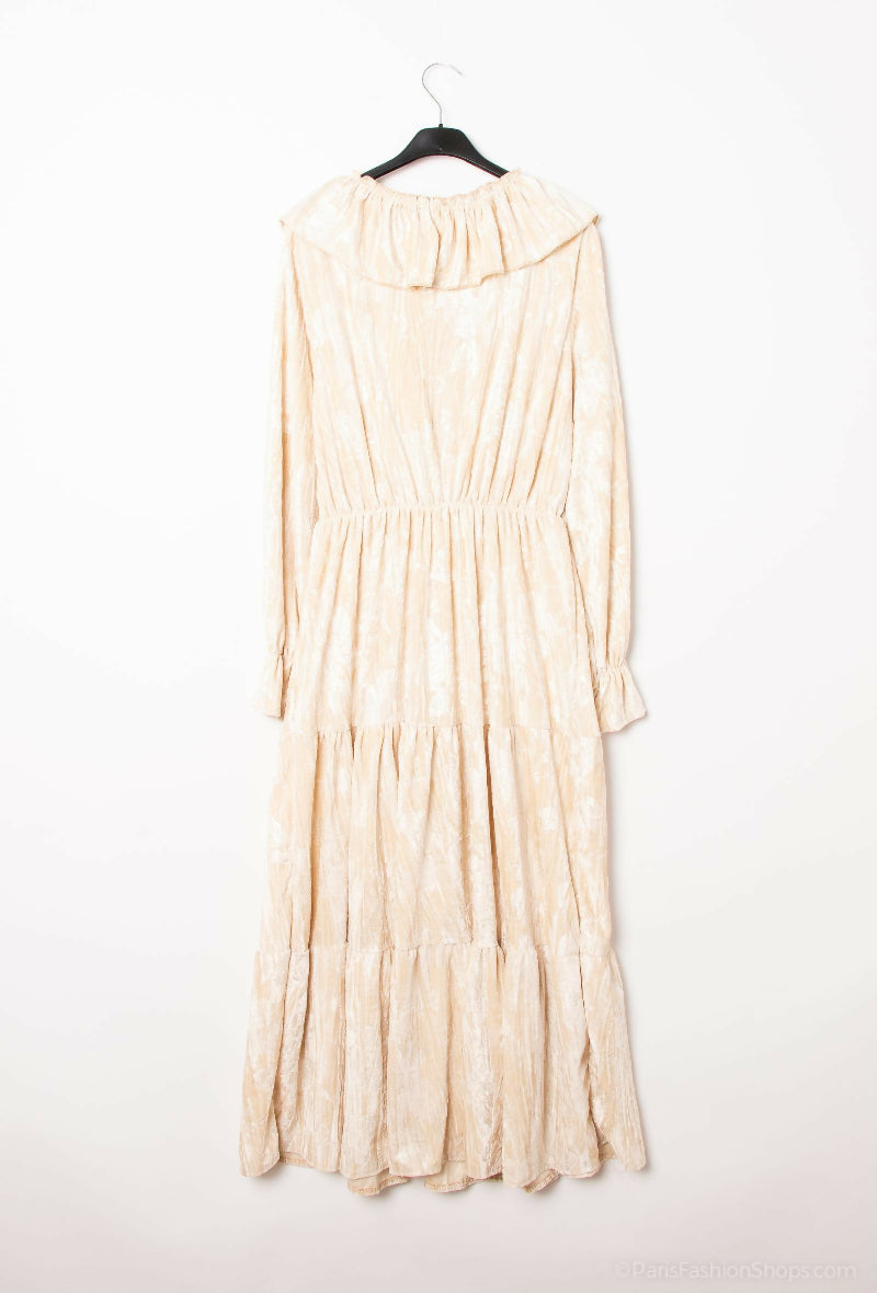 Long Pleated Velvet Ruffle Dress