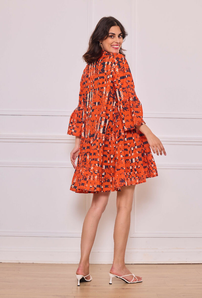 Short A-line dress in printed cotton- Orange