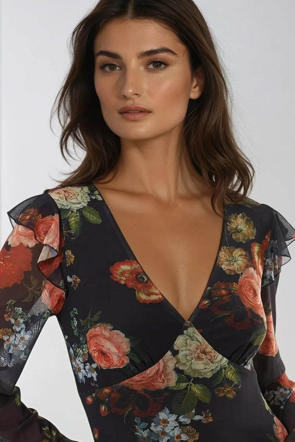 Black Floral V Neckline Midi Dress - jqwholesale.com