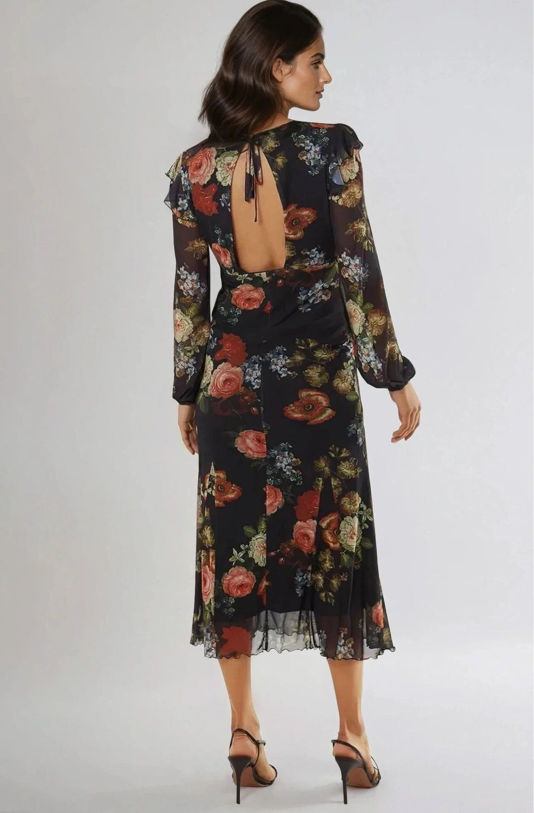 Black Floral V Neckline Midi Dress - jqwholesale.com