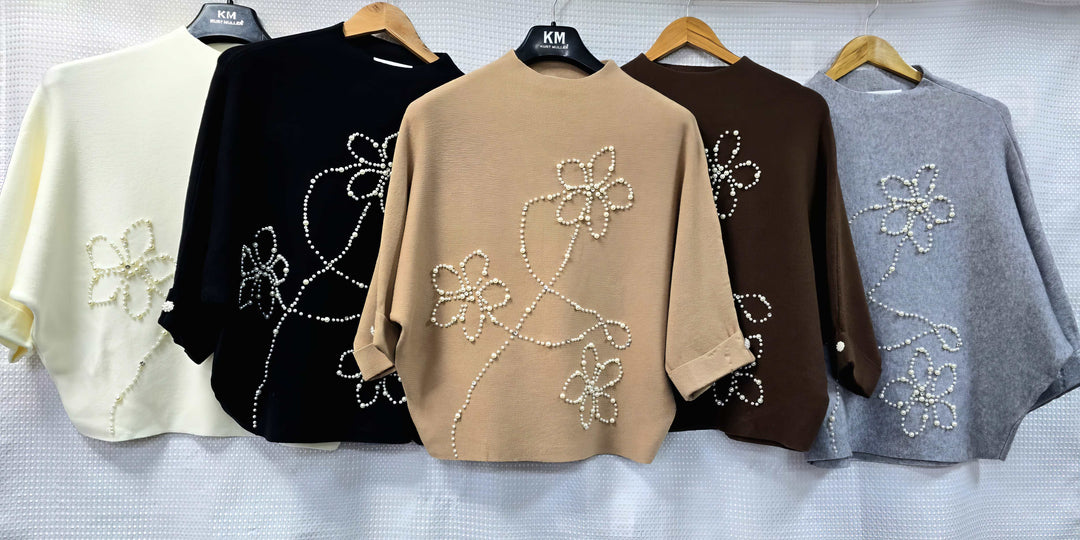 Floral Pearl Embellished Turtle Knit