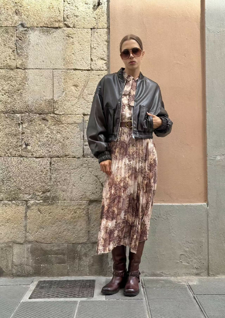 Pleated Dress with Vintage Print