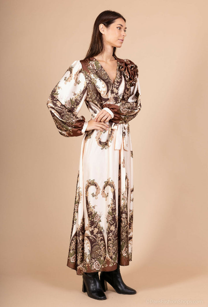 Floral & Baroque Print Midi Dress with Flower Detail