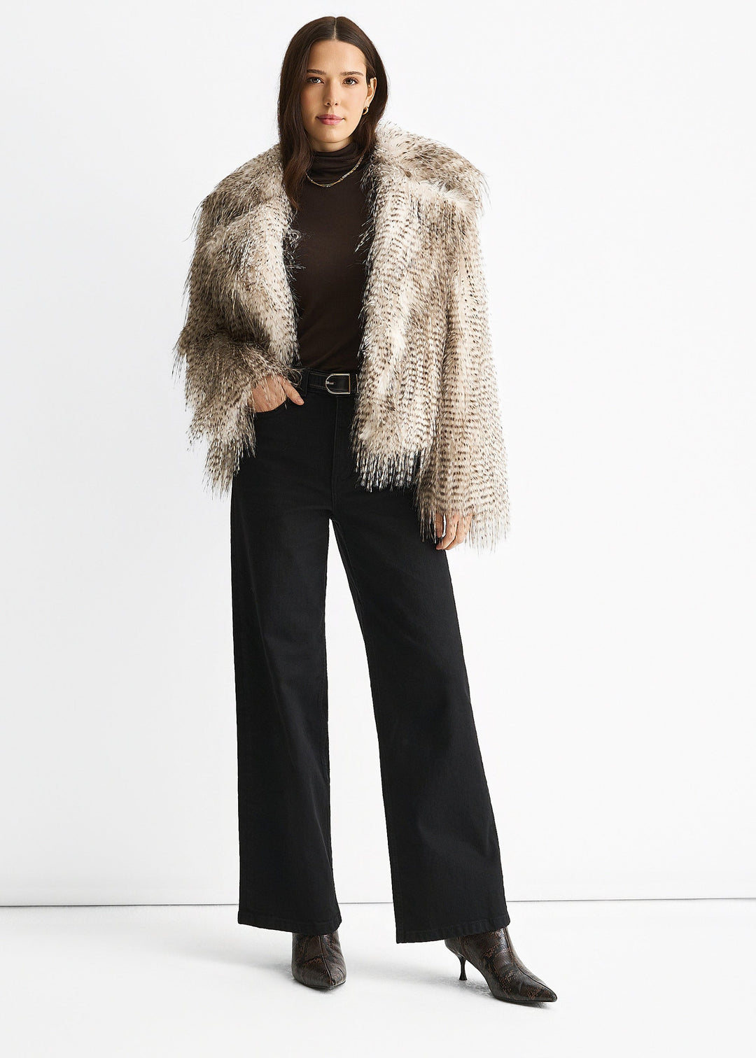 Brown Snow Leopard Faux Fur Short Jacket - jqwholesale.com