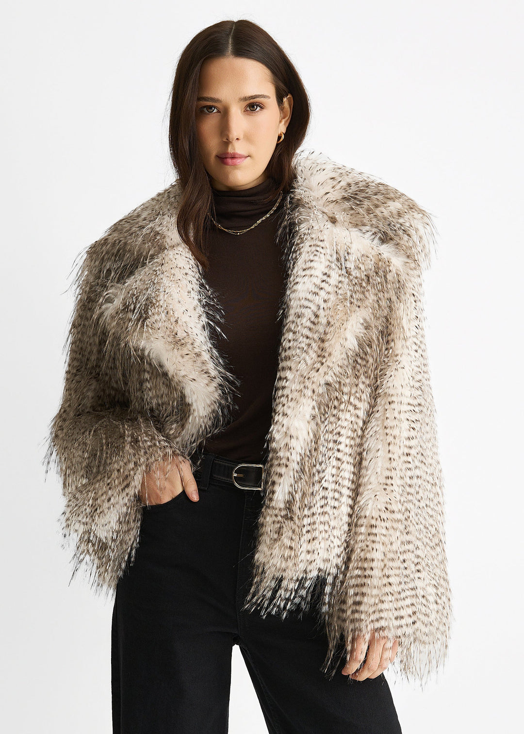 Brown Snow Leopard Faux Fur Short Jacket - jqwholesale.com