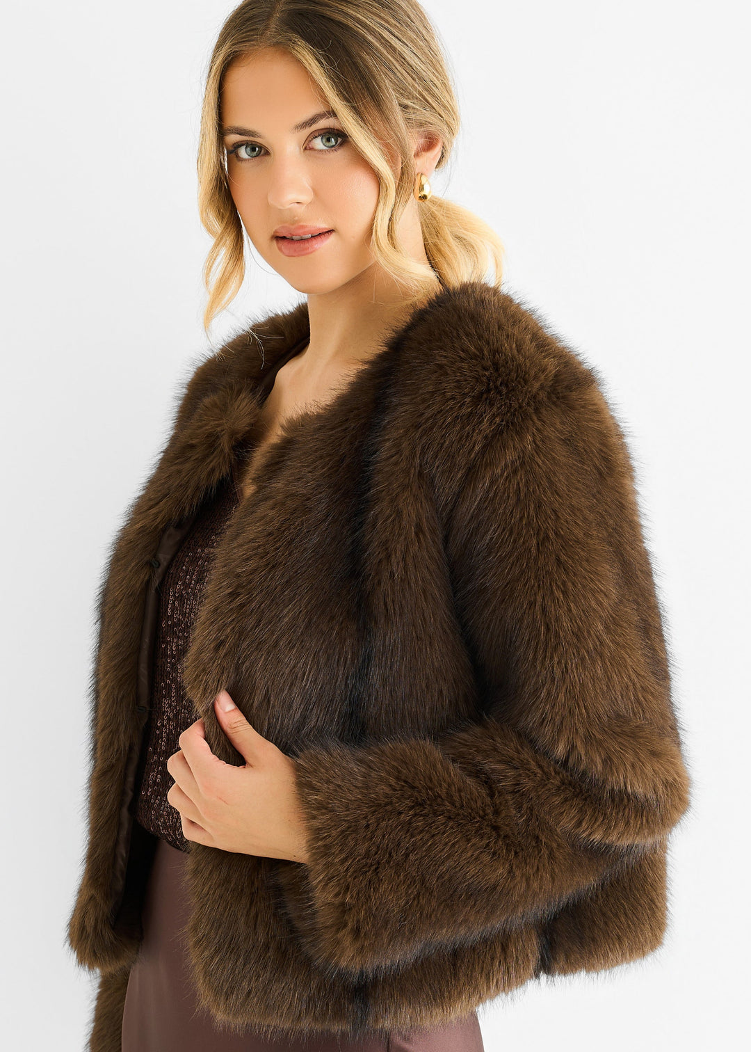 Coffee Round Neck Faux Fur Cropped Jacket - jqwholesale.com